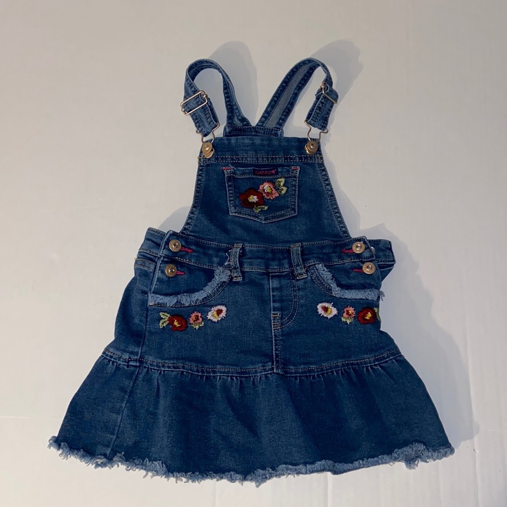 Jordache Size 4T Denim Dress Ruffled Pockets And Hem Overalls Flower Embroidered
